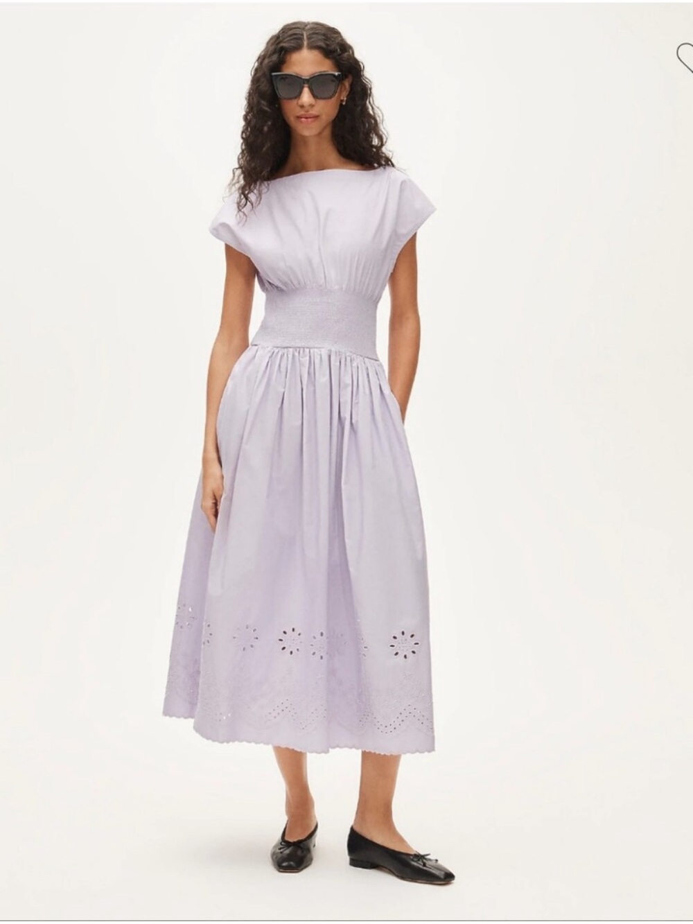J. Crew Lavender Eyelet Midi Dress - Smocked Waist Cottagecore Boatneck Sz Small
